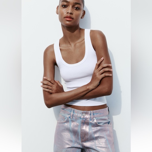 ZARA NEW MID-RISE FULL-LENGTH TRF JEANS FOIL FINISH PANT PINK 6045/036/334/010 - Picture 5 of 7